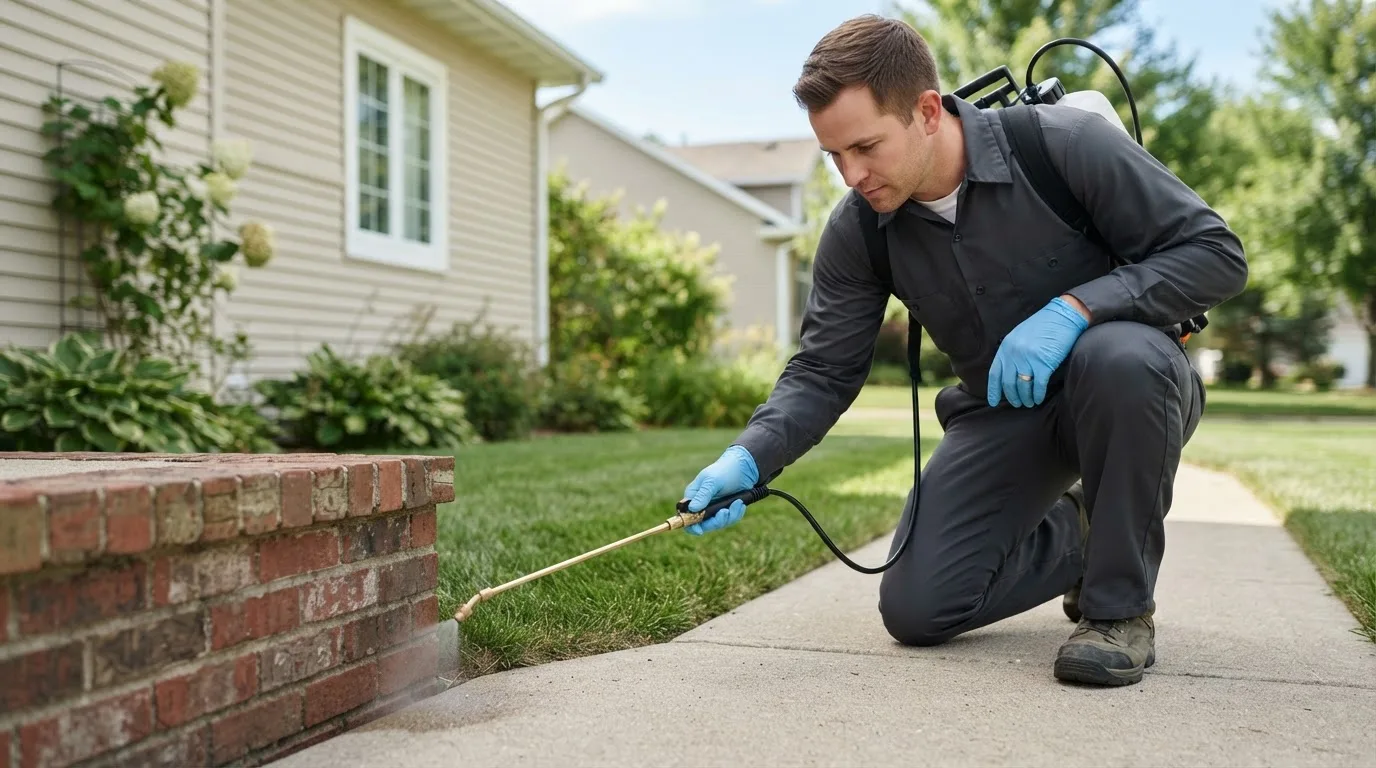 Pest control technician treating a home near Butler, IN